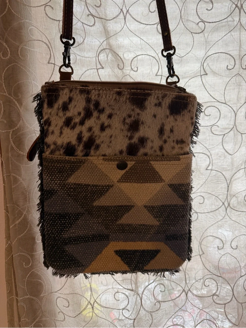 Cowhide & Aztec Pattern Crossbody Bag in Brown and Cream